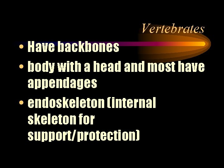 Vertebrates • Have backbones • body with a head and most have appendages •