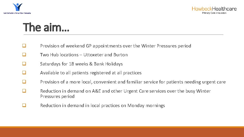 The aim… q Provision of weekend GP appointments over the Winter Pressures period q