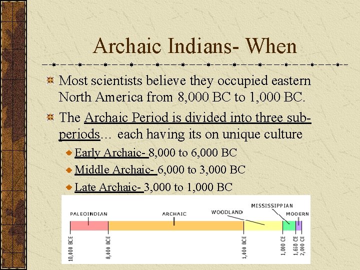 Archaic Indians- When Most scientists believe they occupied eastern North America from 8, 000