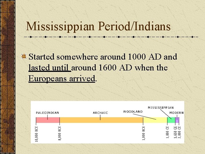Mississippian Period/Indians Started somewhere around 1000 AD and lasted until around 1600 AD when