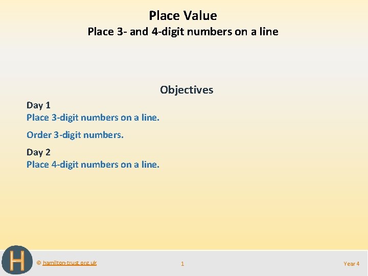 Place Value Place 3 - and 4 -digit numbers on a line Objectives Day