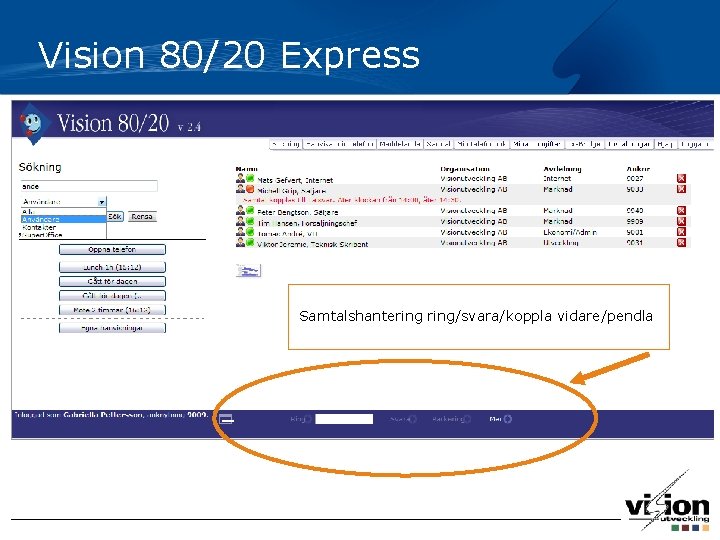 Vision 80/20 Express Samtalshantering/svara/koppla vidare/pendla 