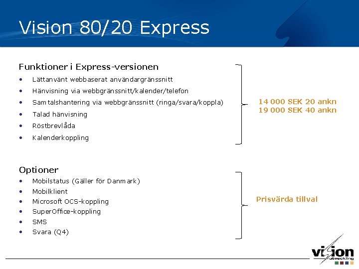 Vision 80/20 Express Funktioner i Express-versionen • Lättanvänt webbaserat användargränssnitt • Hänvisning via webbgränssnitt/kalender/telefon