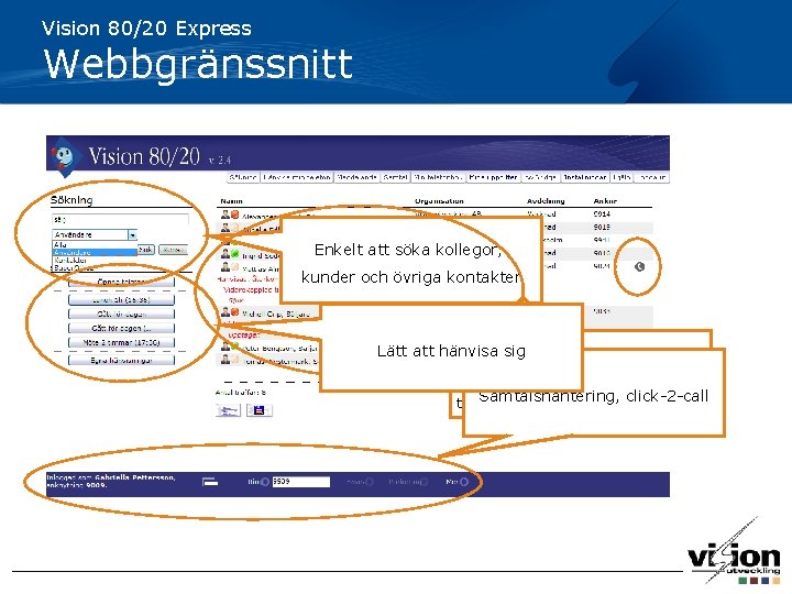 Vision 80/20 Express Webbgränssnitt Enkelt att söka kollegor, kunder och övriga kontakter Lätt att