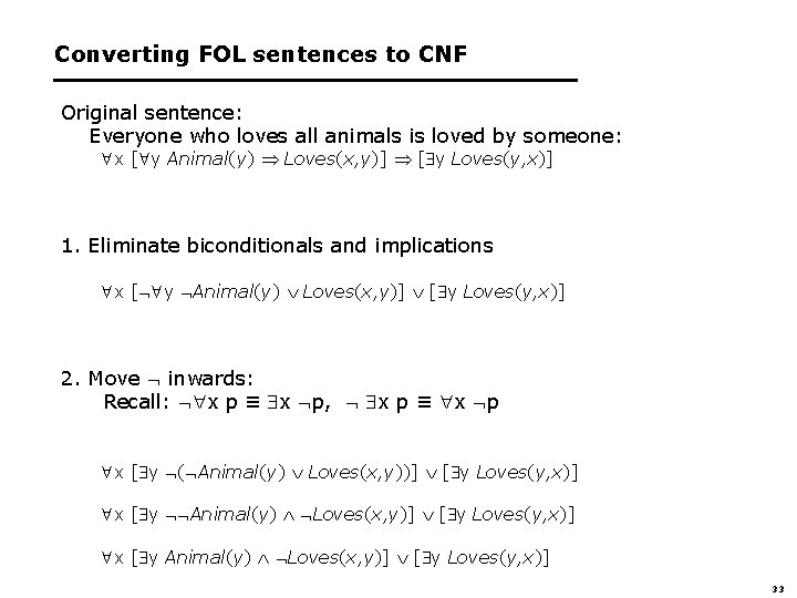 Converting FOL sentences to CNF Original sentence: Everyone who loves all animals is loved