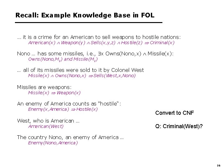 Recall: Example Knowledge Base in FOL . . . it is a crime for