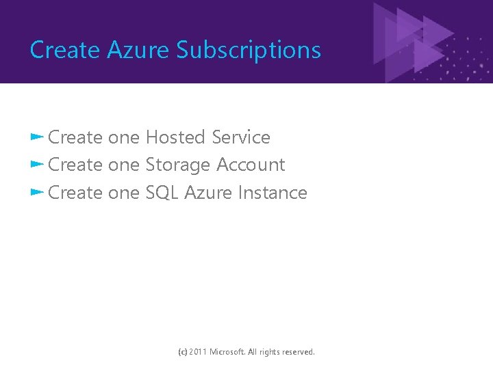 Create Azure Subscriptions ► Create one Hosted Service ► Create one Storage Account ►