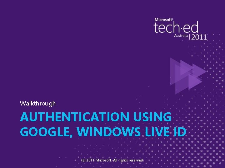 Walkthrough AUTHENTICATION USING GOOGLE, WINDOWS LIVE ID (c) 2011 Microsoft. All rights reserved. 