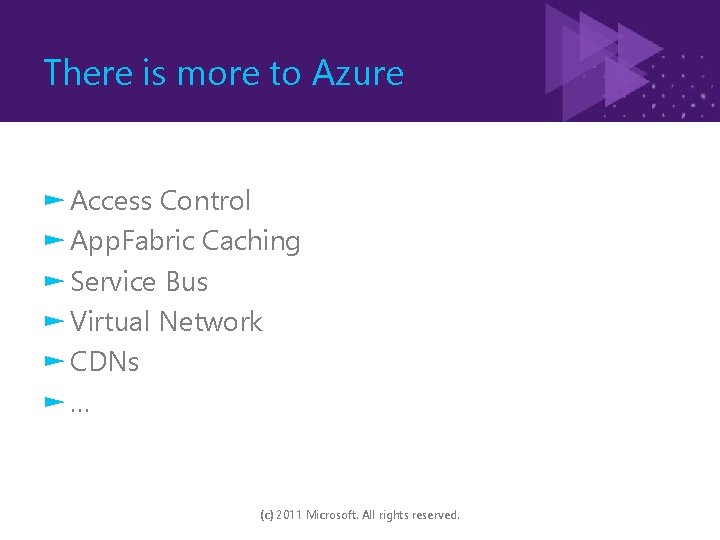 There is more to Azure ► Access Control ► App. Fabric Caching ► Service