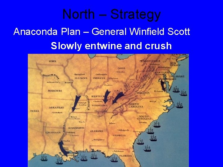 North – Strategy Anaconda Plan – General Winfield Scott Slowly entwine and crush 