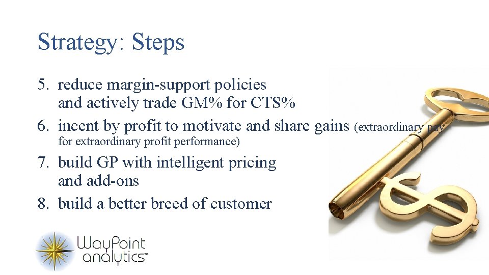 Strategy: Steps 5. reduce margin-support policies and actively trade GM% for CTS% 6. incent
