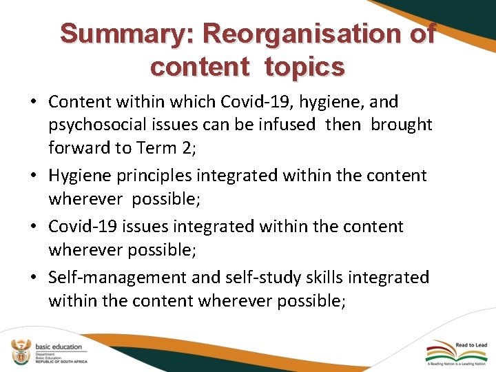 Summary: Reorganisation of content topics • Content within which Covid-19, hygiene, and psychosocial issues
