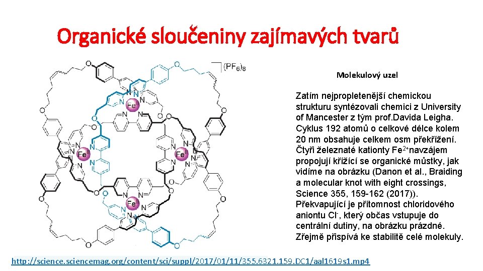 Organické sloučeniny zajímavých tvarů Molekulový uzel Zatím nejpropletenější chemickou strukturu syntézovali chemici z University