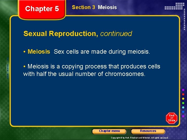 Chapter 5 Section 3 Meiosis Sexual Reproduction, continued • Meiosis Sex cells are made