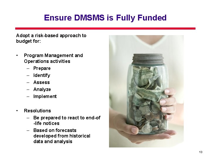 Ensure DMSMS is Fully Funded Adopt a risk-based approach to budget for: • Program Ensure DMSMS is Fully Funded Adopt a risk-based approach to budget for: • Program