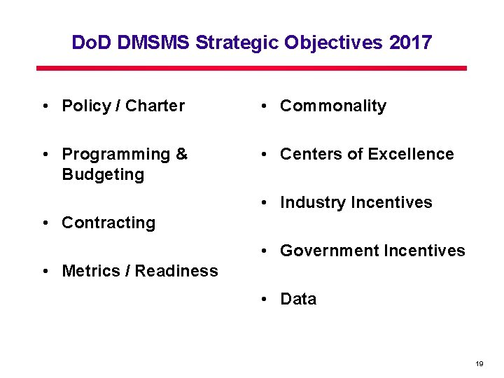 Do. D DMSMS Strategic Objectives 2017 • Policy / Charter • Commonality • Programming Do. D DMSMS Strategic Objectives 2017 • Policy / Charter • Commonality • Programming