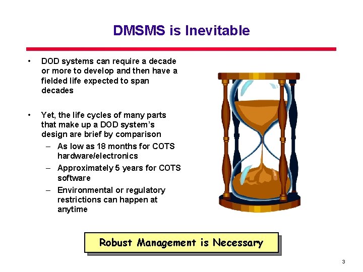 DMSMS is Inevitable • DOD systems can require a decade or more to develop DMSMS is Inevitable • DOD systems can require a decade or more to develop