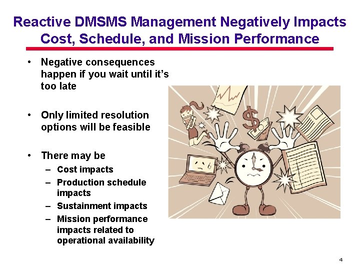 Reactive DMSMS Management Negatively Impacts Cost, Schedule, and Mission Performance • Negative consequences happen Reactive DMSMS Management Negatively Impacts Cost, Schedule, and Mission Performance • Negative consequences happen