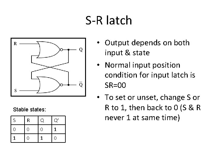 S-R latch Stable states: S R Q Q’ 0 0 0 1 1 0