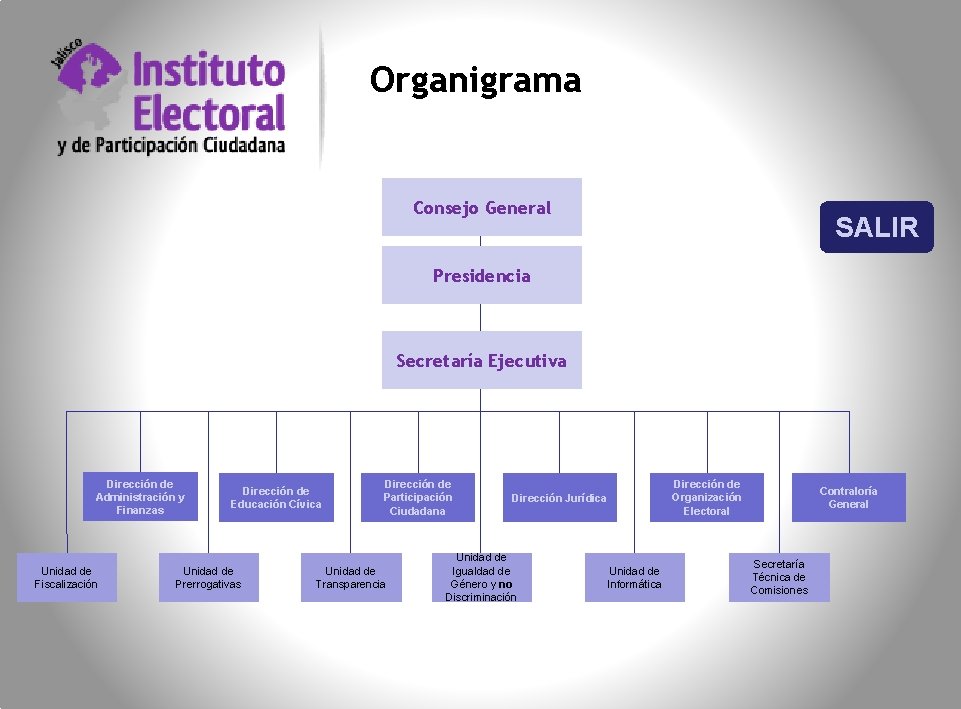 Organigrama Consejo General SALIR Presidencia Secretaría Ejecutiva Dirección de Administración y Finanzas Unidad de
