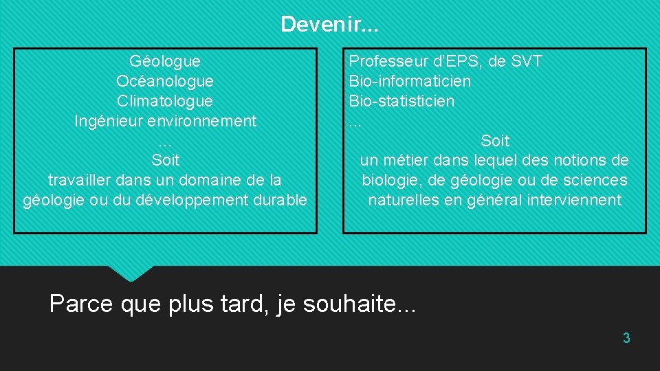 Devenir. . . Géologue Océanologue Climatologue Ingénieur environnement. . . Soit travailler dans un