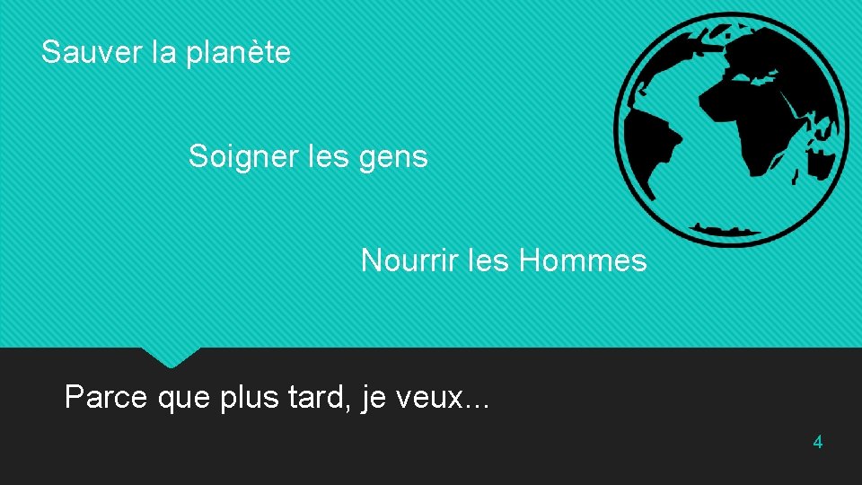 Sauver la planète Soigner les gens Nourrir les Hommes Parce que plus tard, je