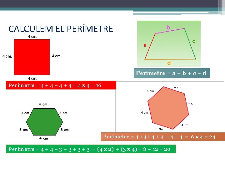 CALCULEM EL PERÍMETRE Perímetre = a + b + c + d Perímetre =