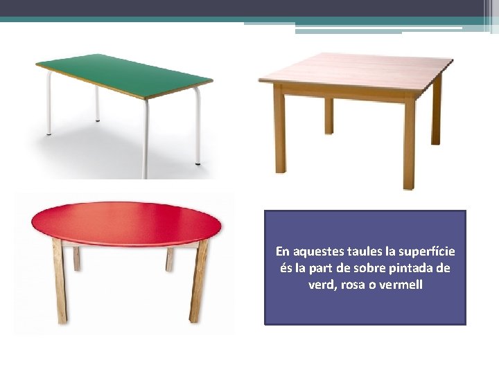 En aquestes taules la superfície és la part de sobre pintada de verd, rosa