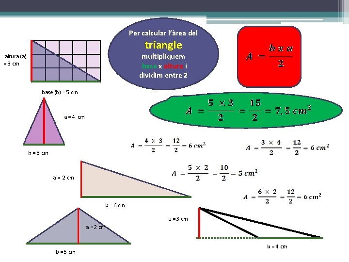 Per calcular l’àrea del triangle multipliquem base x altura i dividim entre 2 altura