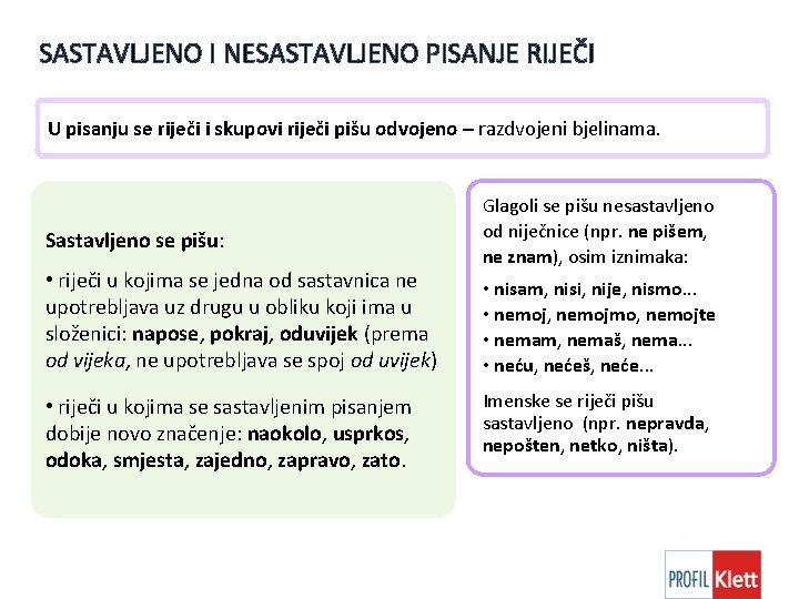 SASTAVLJENO I NESASTAVLJENO PISANJE RIJEČI U pisanju se riječi i skupovi riječi pišu odvojeno