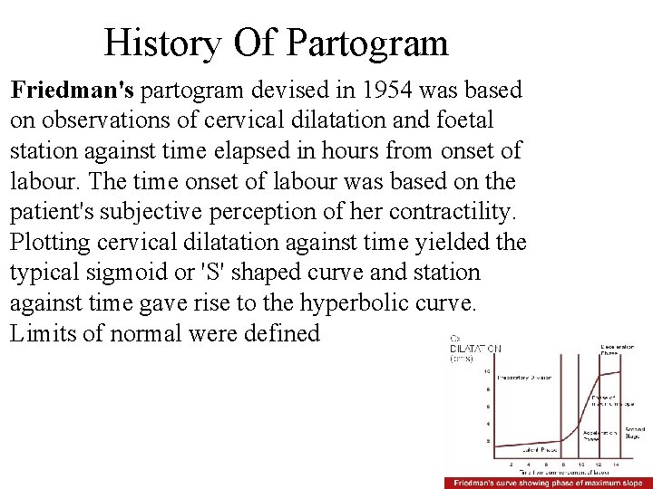 History Of Partogram Friedman's partogram devised in 1954 was based on observations of cervical