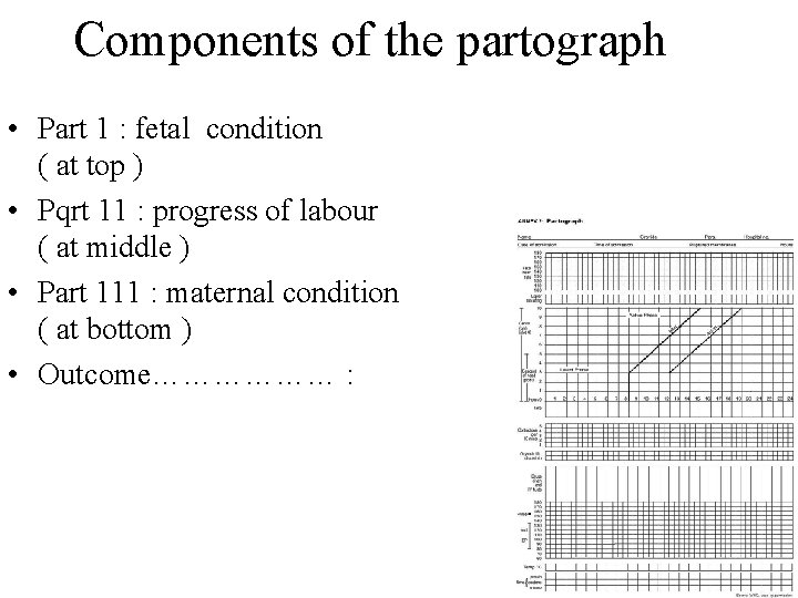 Components of the partograph • Part 1 : fetal condition ( at top )