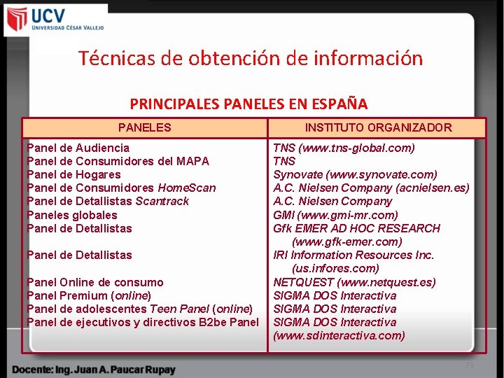 Técnicas de obtención de información PRINCIPALES PANELES EN ESPAÑA PANELES Panel de Audiencia Panel