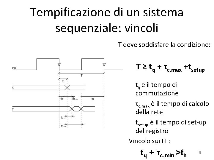 Tempificazione di un sistema sequenziale: vincoli T deve soddisfare la condizione: T ≥ tq