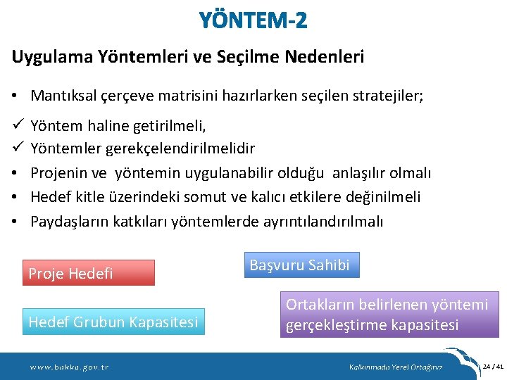 YÖNTEM-2 Uygulama Yöntemleri ve Seçilme Nedenleri • Mantıksal çerçeve matrisini hazırlarken seçilen stratejiler; ü