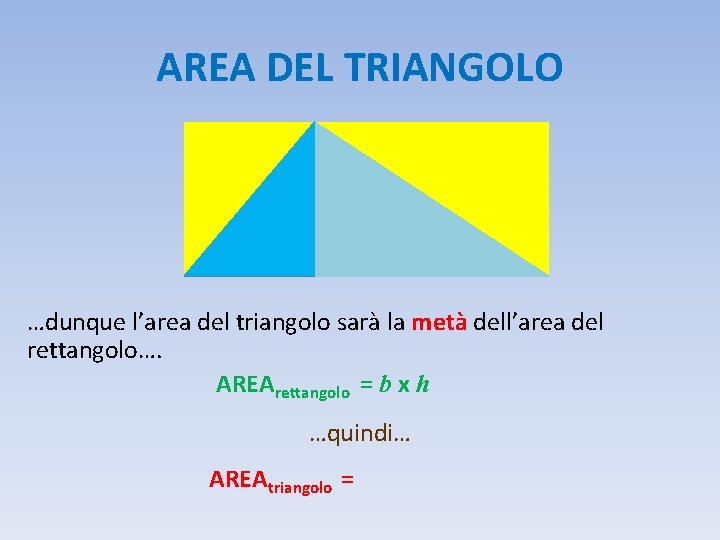 AREA DEL TRIANGOLO …dunque l’area del triangolo sarà la metà dell’area del rettangolo…. AREArettangolo