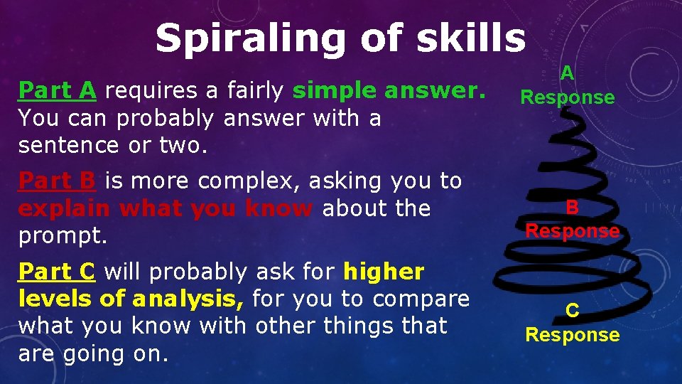 Spiraling of skills Part A requires a fairly simple answer. You can probably answer