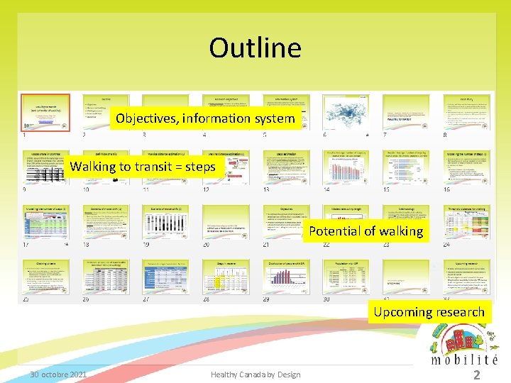 Outline Objectives, information system Walking to transit = steps Potential of walking Upcoming research