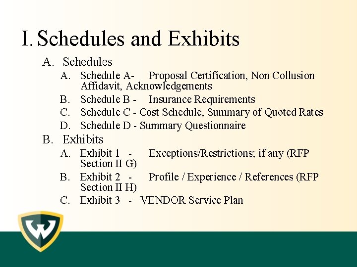 I. Schedules and Exhibits A. Schedule A- Proposal Certification, Non Collusion Affidavit, Acknowledgements B.