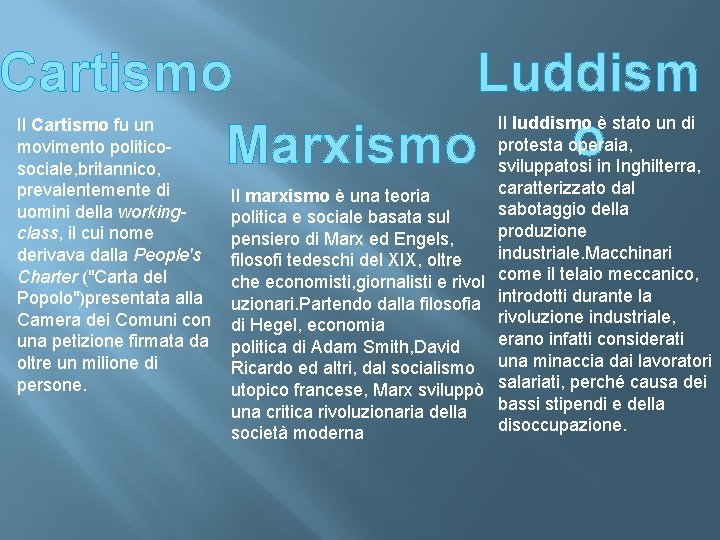 Cartismo Luddism o Marxismo Il Cartismo fu un movimento politicosociale, britannico, prevalentemente di uomini