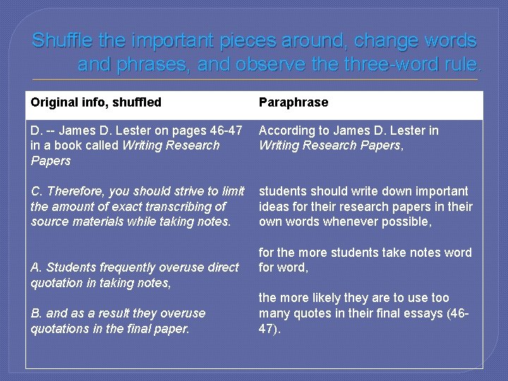 Shuffle the important pieces around, change words and phrases, and observe three-word rule. Original