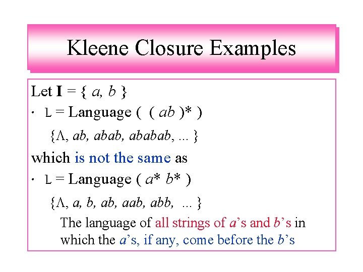 Kleene Closure Examples Let I = { a, b } • L = Language