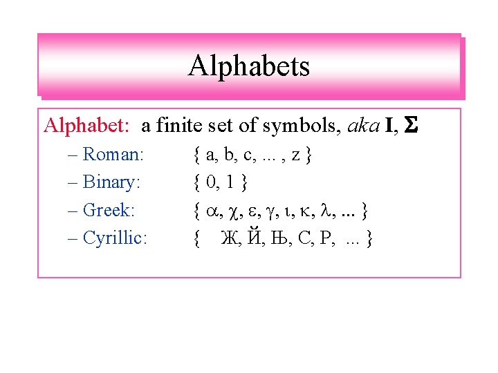 Alphabets Alphabet: a finite set of symbols, aka I, – Roman: – Binary: –
