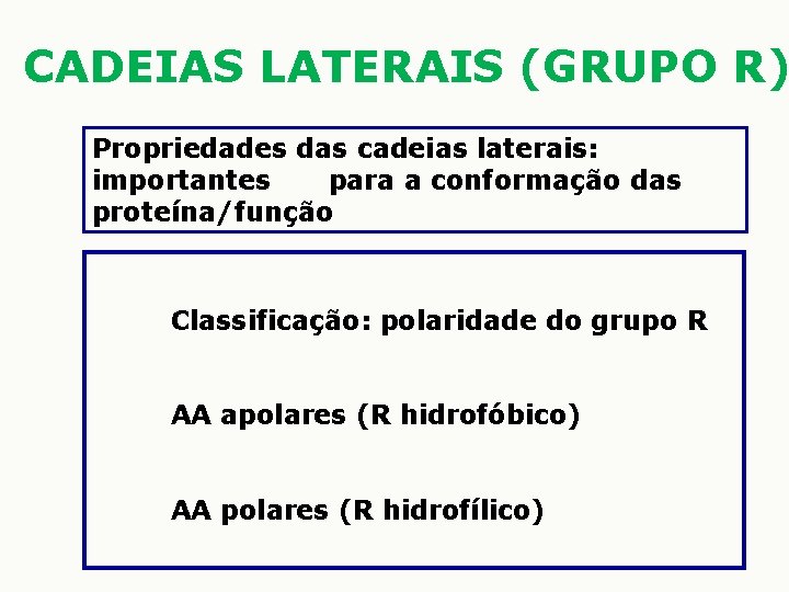 CADEIAS LATERAIS (GRUPO R) Propriedades das cadeias laterais: importantes para a conformação das proteína/função