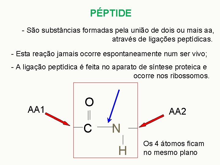 PÉPTIDE - São substâncias formadas pela união de dois ou mais aa, através de