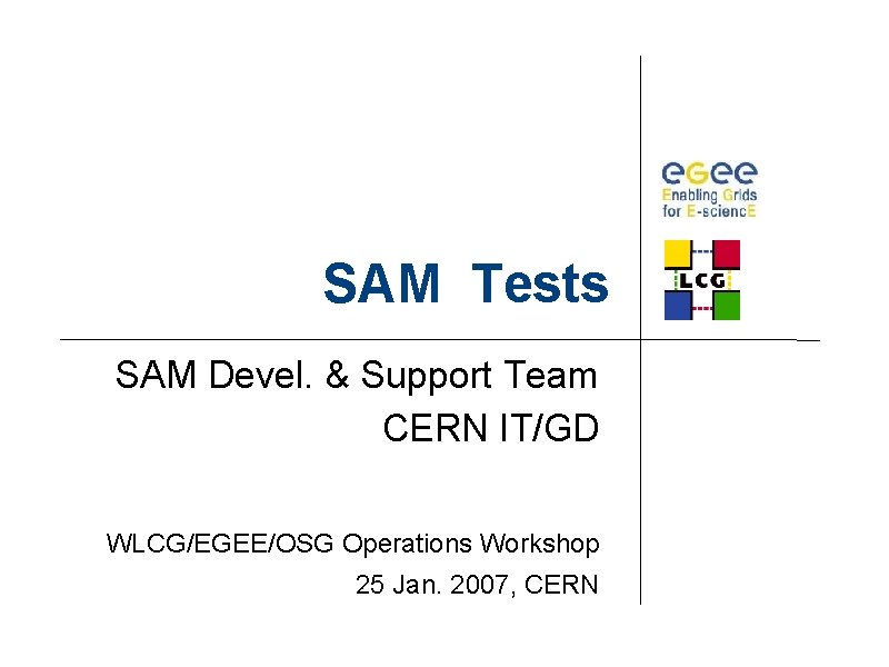 SAM Tests SAM Devel. & Support Team CERN IT/GD WLCG/EGEE/OSG Operations Workshop 25 Jan.