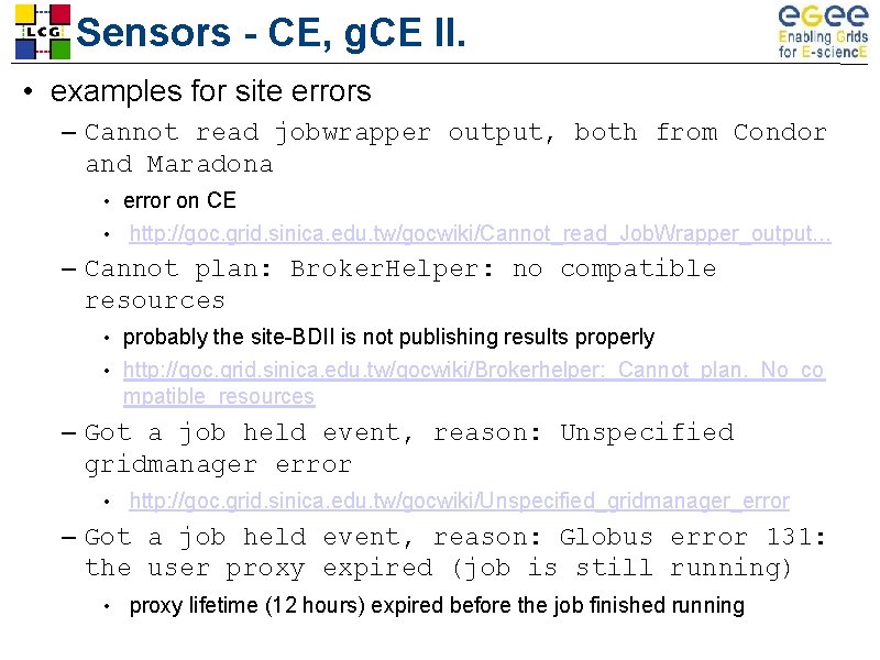 Sensors - CE, g. CE II. • examples for site errors – Cannot read