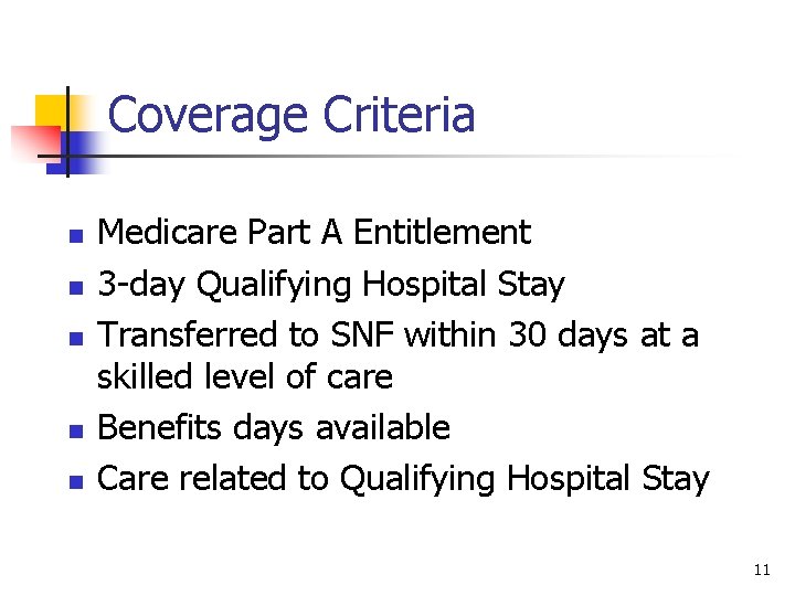 Coverage Criteria n n n Medicare Part A Entitlement 3 -day Qualifying Hospital Stay