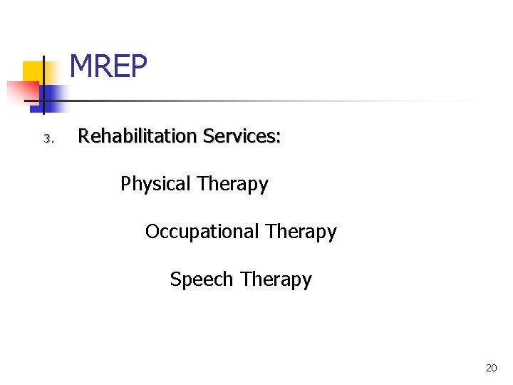 MREP 3. Rehabilitation Services: Physical Therapy Occupational Therapy Speech Therapy 20 