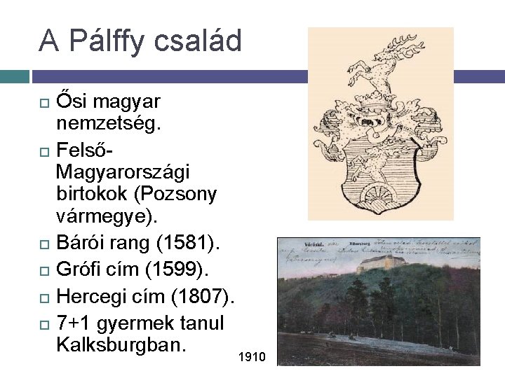 A Pálffy család Ősi magyar nemzetség. FelsőMagyarországi birtokok (Pozsony vármegye). Bárói rang (1581). Grófi
